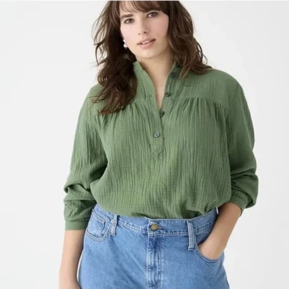J Crew Fresco Soft Gauze Long Sleeve Green Top Size XS